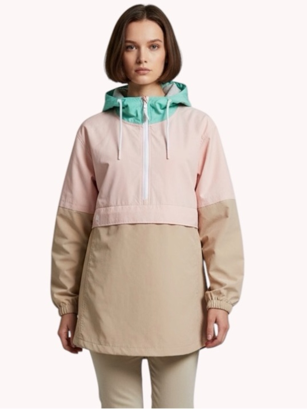NWOT GLOSSIER Tan Mint and Pink Nylon Pullover Jacket